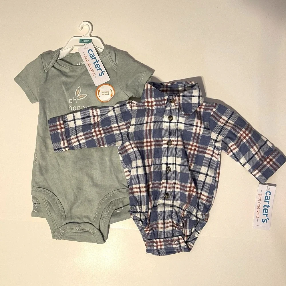 Carter's Baby Boy Outfit Set Newborn Plaid Bodysuit Bunny Pants NWT‎